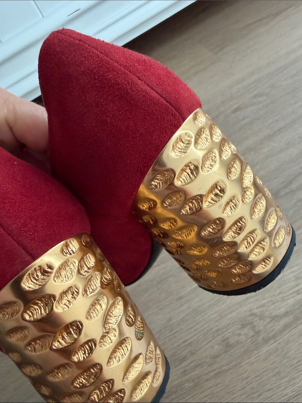 Prada Red Suede Mary Jane Heels with Gold Studs and Sculpted Heel - Picture 9 of 13